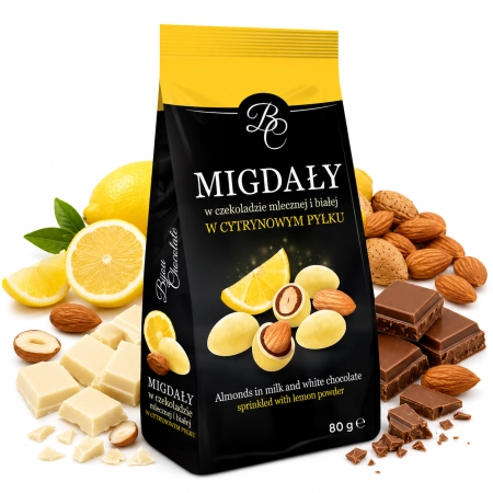 Migdały w czekoladzie mlecznej i białej w cytrynowym pyłku 80g